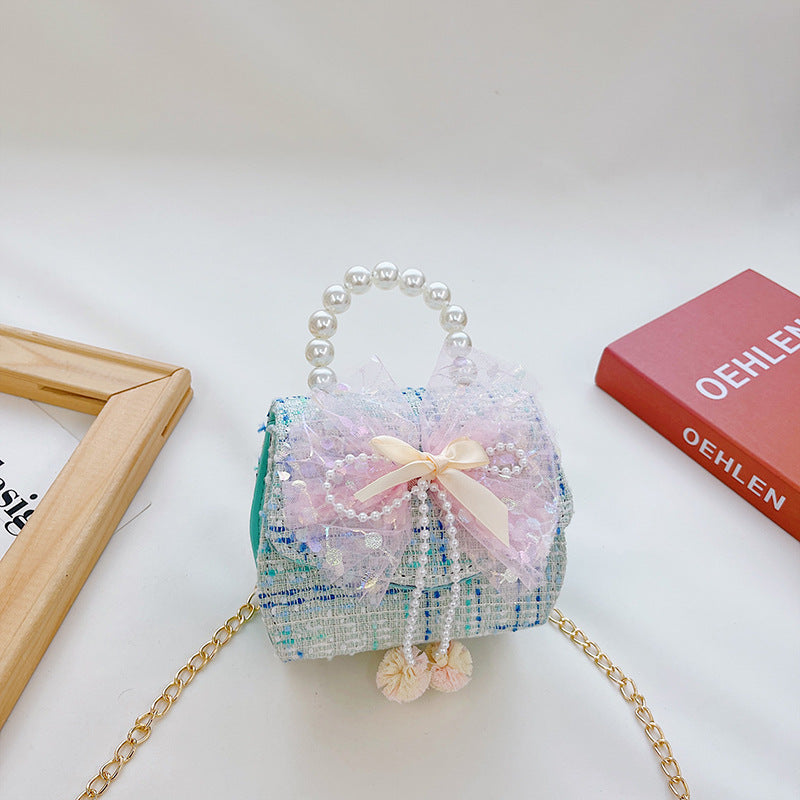 Wholesale Cotton Linen Pearl Bow Kids Shoulder Bag