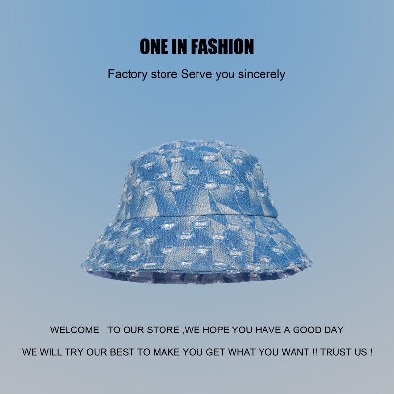 Wholesale Distressed Vintage Washed Denim Bucket Hat Versatile Sequined Diamond Hat