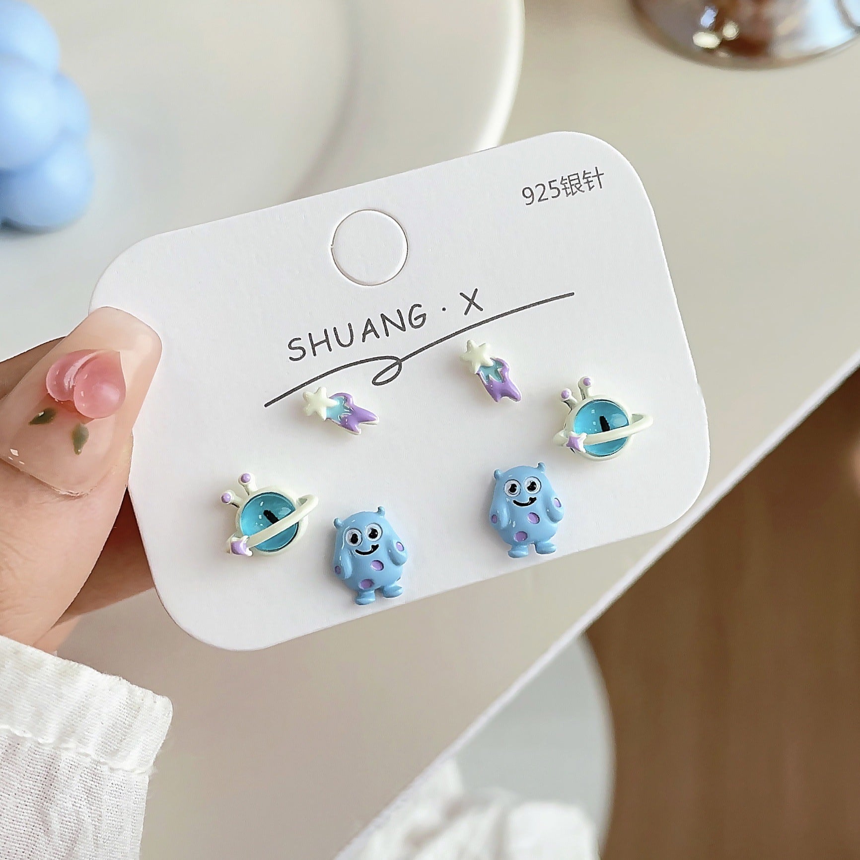 Wholesale Silver Needle Blue Little Monster Stud Earrings Set Cartoon Opal