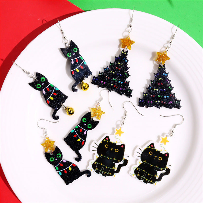 Wholesale Christmas Lantern Black Cat Bell Acrylic Pendant Earrings