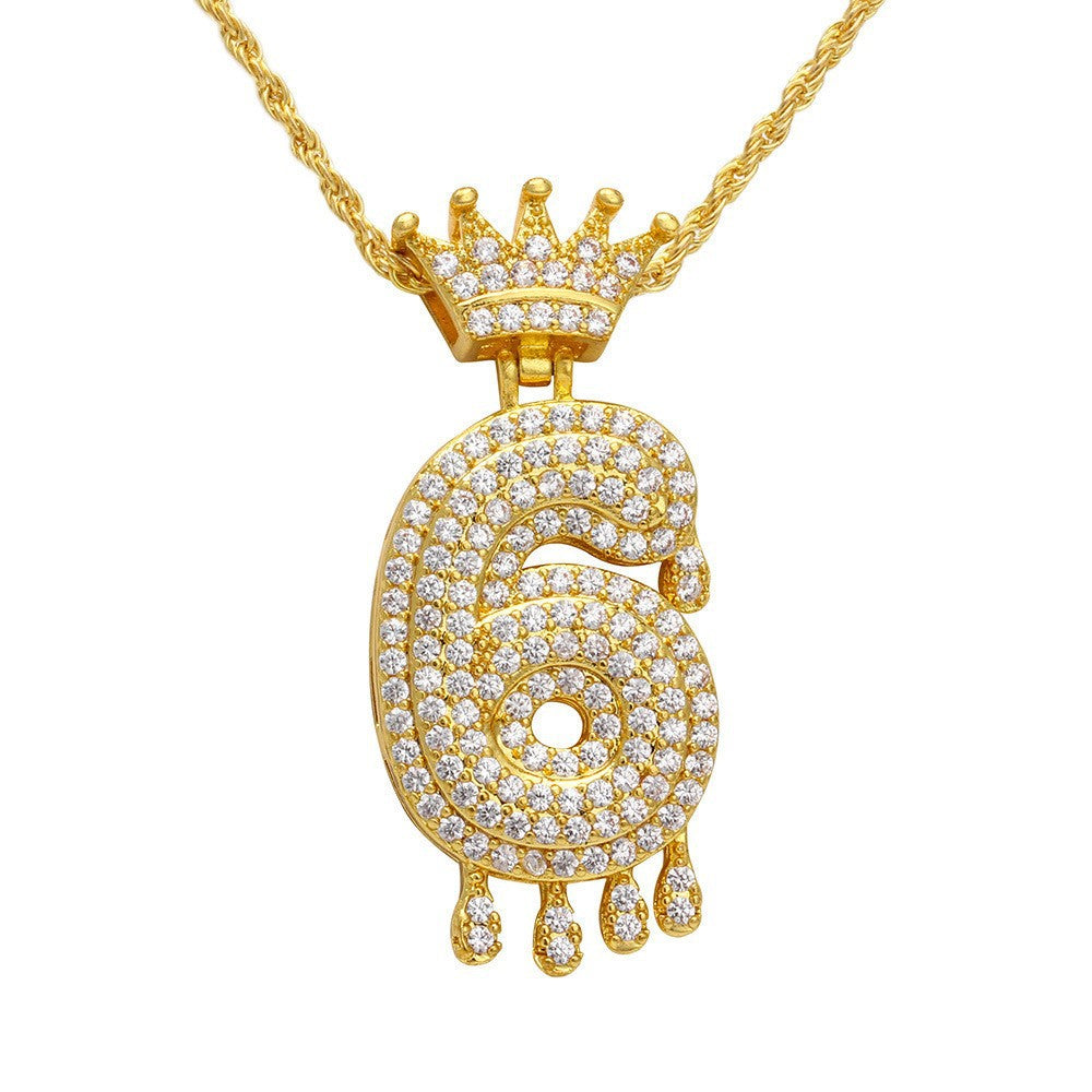 Wholesale Lucky Number Zircon Full Diamond Crown Pendant Necklace