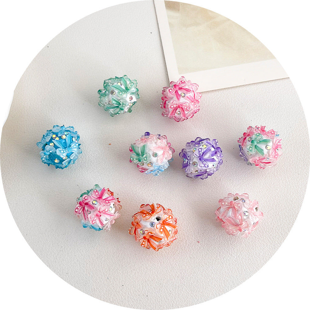 Wholesale 20pcs Colorful through-hole gradient bow with diamond studded ball Crystal Beads