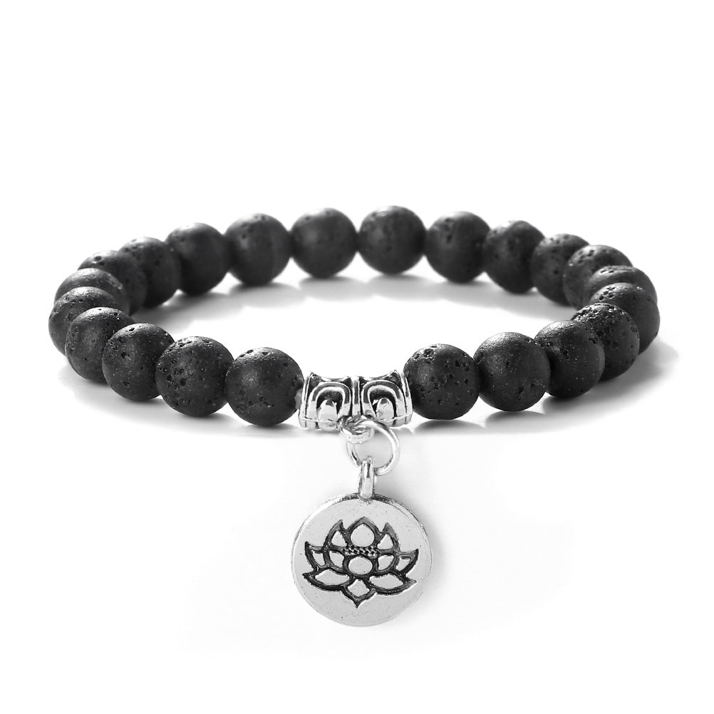 Wholesale 8mm Round Beads Beaded Elastic with Three-Way Alloy Lotus Pendant Buddhist Beads Bracelet