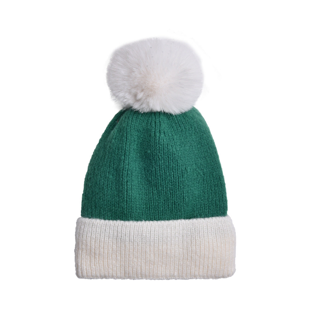 Wholesale Wool Ball Color Matching Knitted Hat Autumn and Winter Plus Velvet Thickened Windproof and Cold-proof Woolen Hat