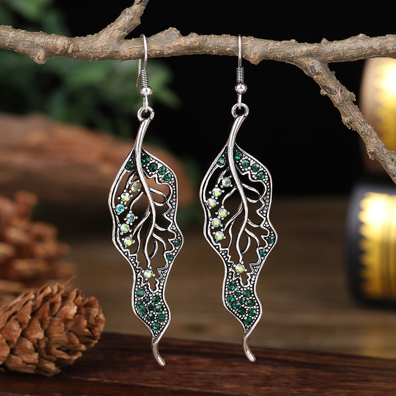 Wholesale Personalized Long Leaf Simple Inlaid AB Color Diamond Earrings