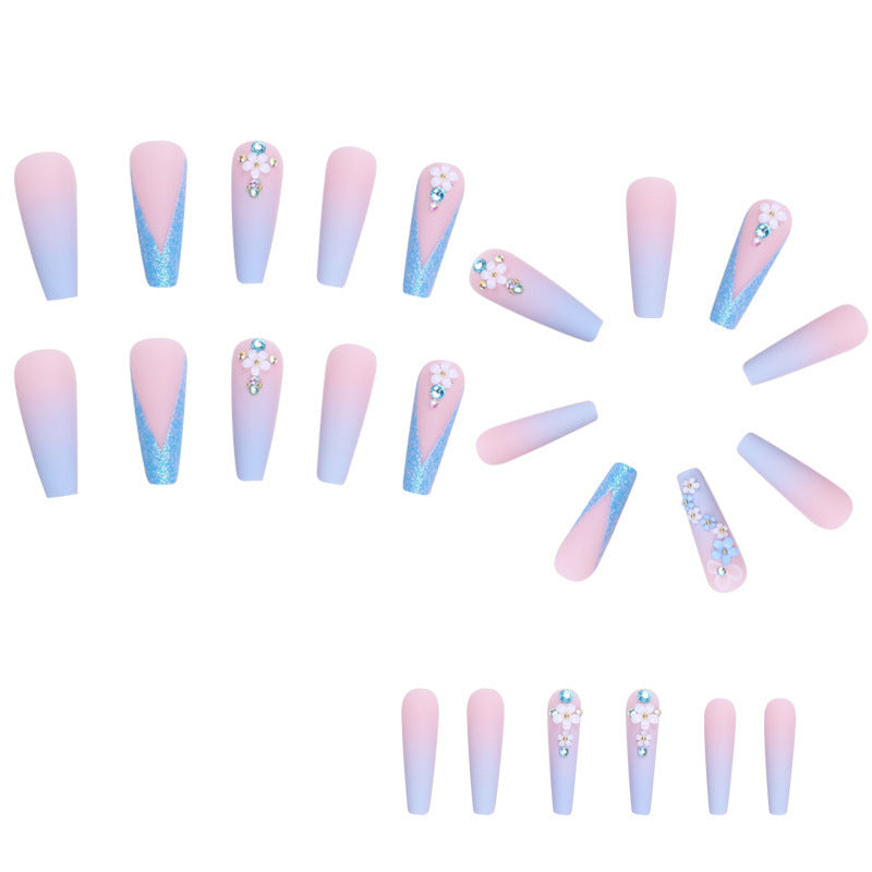 Gradiente de flor blanca larga al por mayor con diamantes cinco pegatinas de uñas francesas de flores pétalos