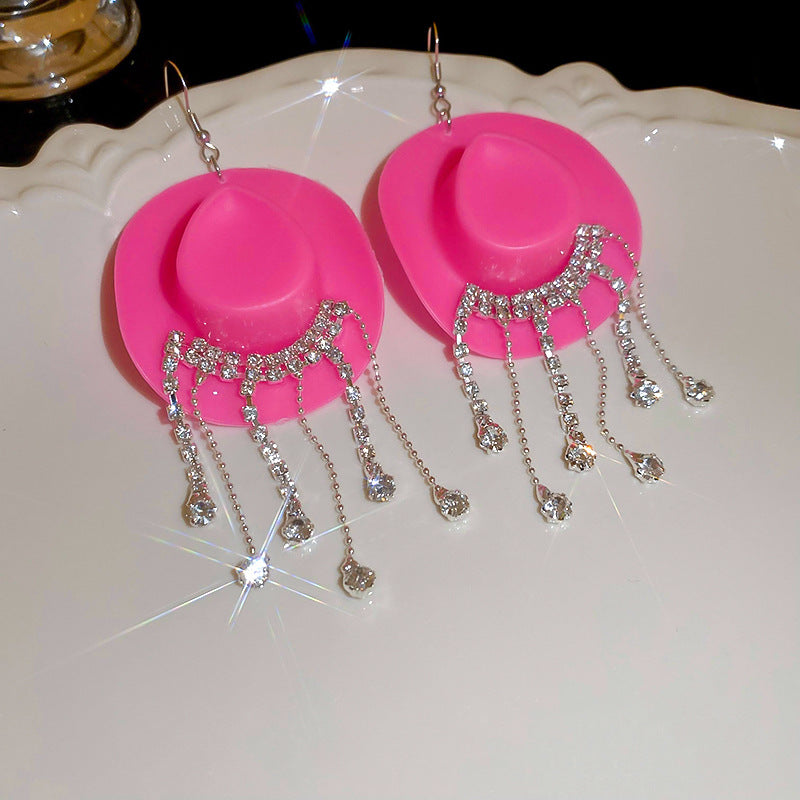 Wholesale Cowboy Hat Teardrop Diamond Tassel Earrings