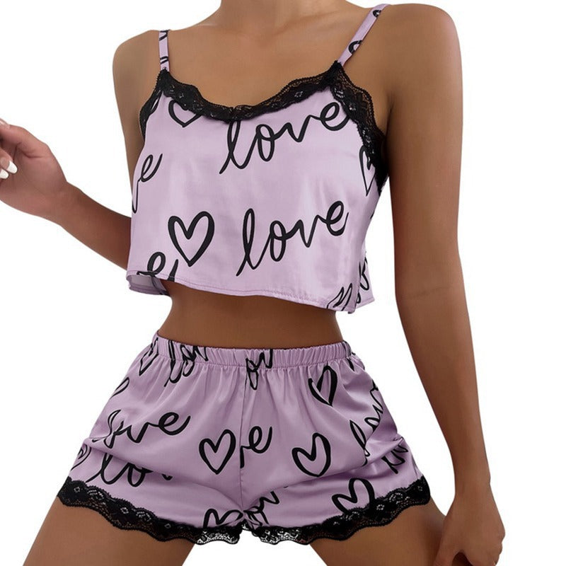 Whoelsale Lace Patchwork Suspender Pajama Set