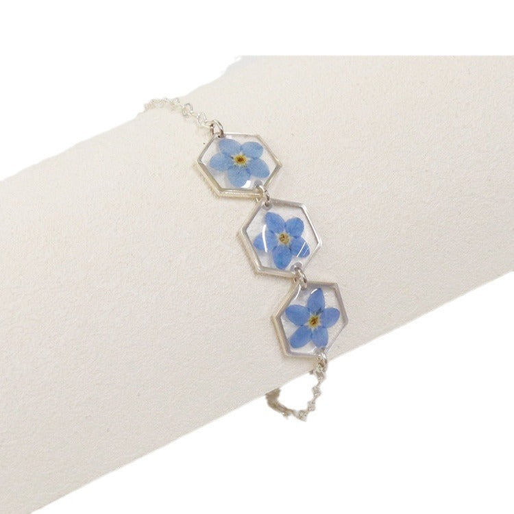 Wholesale 6pcs Sterling Silver Hexagonal Blue Three Forget-me-not Bracelet