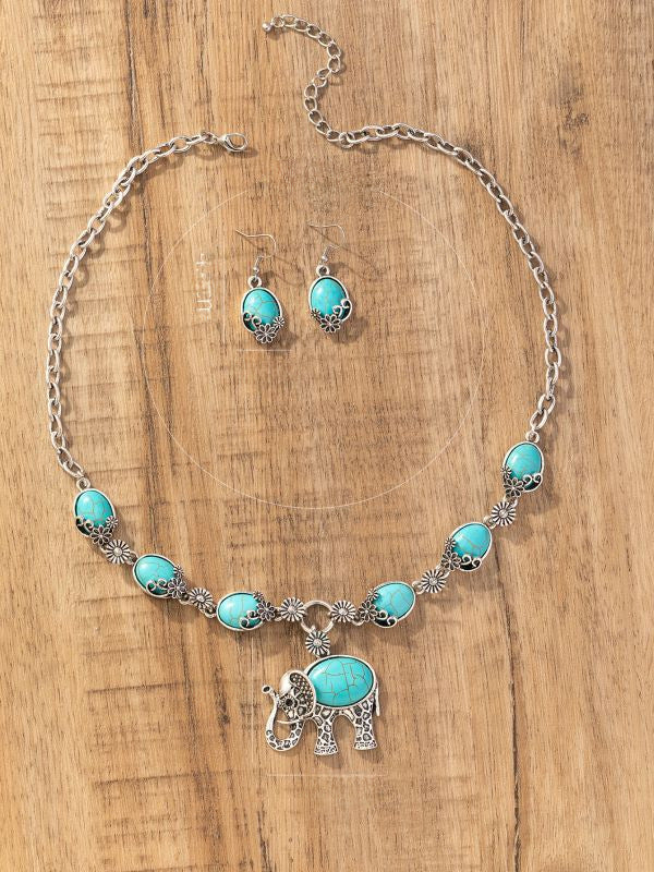 Wholesale Vintage Fashion Animal Elephant Turquoise Pendant Necklace Earrings