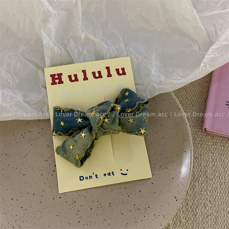 Wholesale Retro Star Denim Bow Fabric Hair Clips
