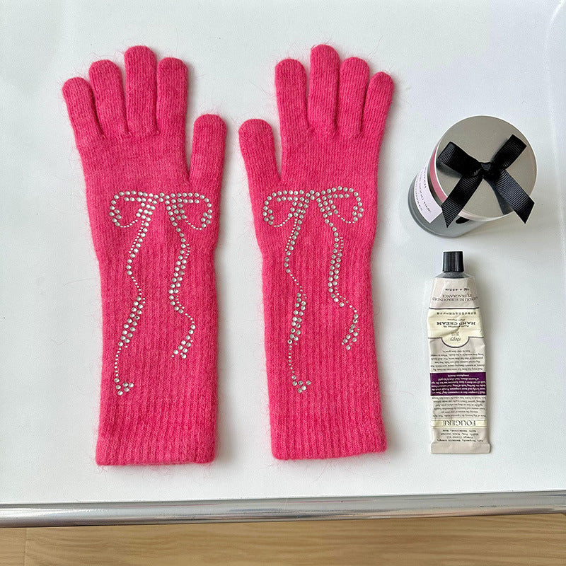 Wholesale Bright Diamond Bow Knit Long Touch Screen Warm Split Finger Gloves