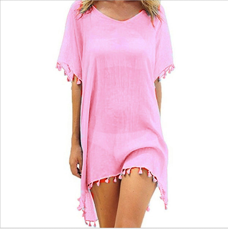 Wholesale Round Neck Chiffon Tassel Dress Loose Cover Up