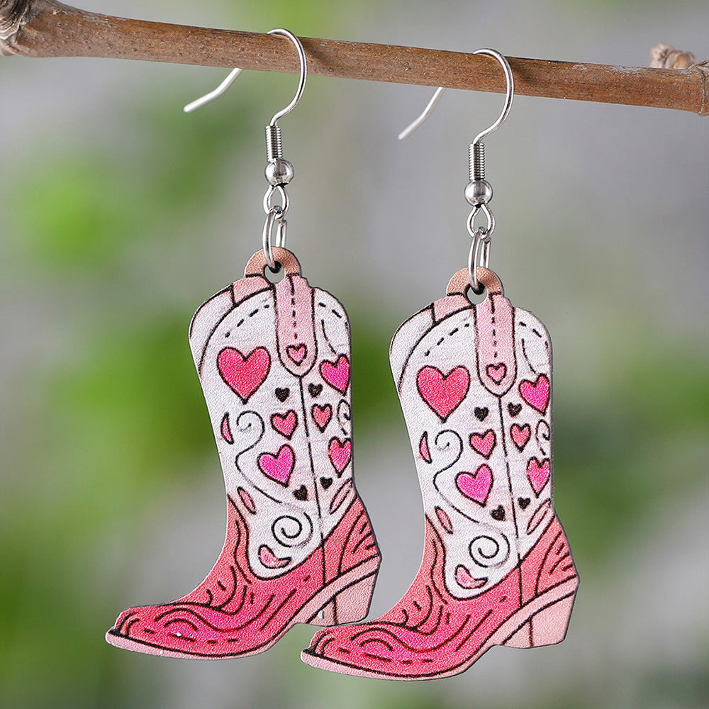 Wholesale Western style pink heart tassel cowboy boots pendant wooden double-sided earrings