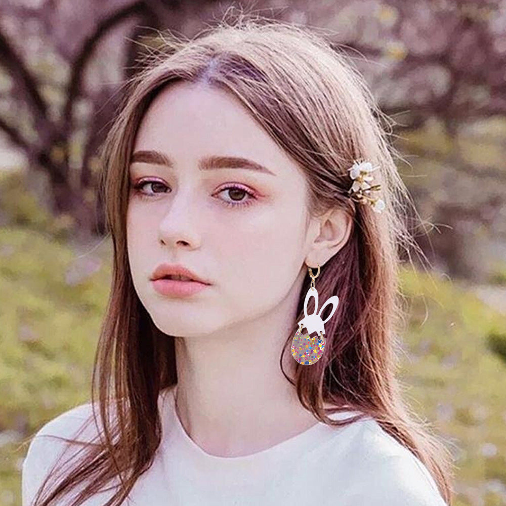 Wholesale  New Easter Earrings Handmade Shining Egg Cute Bunny Stitching Acrylic Earrings