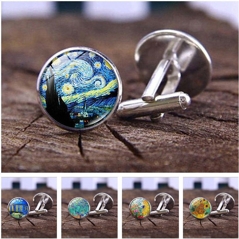 Wholesale Alloy Van Gogh Starry Night Sunflower Time Gemstone Cufflinks