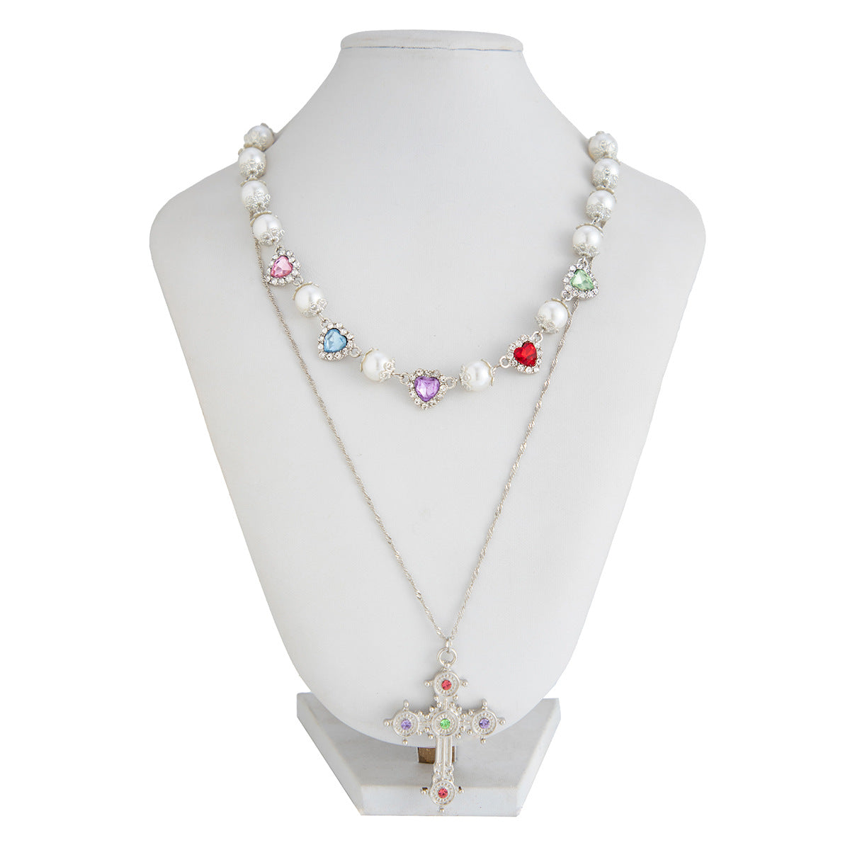 Wholesale Colored Heart Diamond Necklace Men's Cross Pendant Clavicle Chain