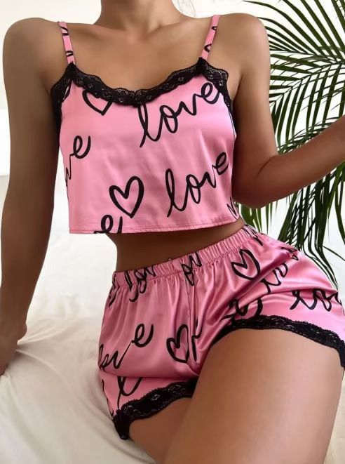 Whoelsale Lace Patchwork Suspender Pajama Set