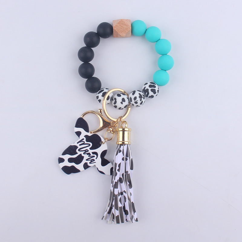 Wholesale MAMA Wood Chips Cow Head Western Style Silicone Beads Wrist Keychain