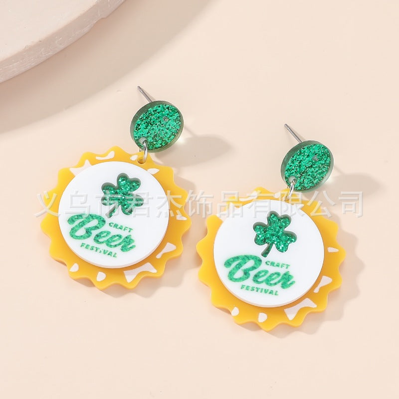Wholesale St. Patrick's Day Carnival Personalized Green Acrylic Glitter Clover Earrings
