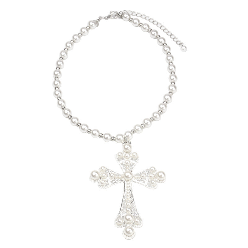 Wholesale Pearl Sweet Cool Dark Style Cross Pendant Clavicle Necklace