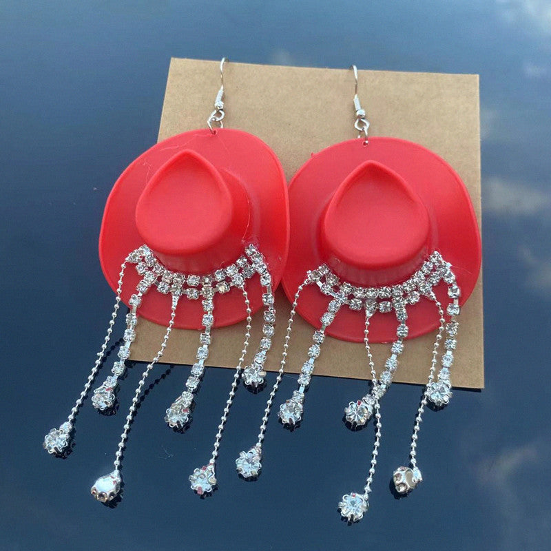 Wholesale Western Style Cowboy Hat Shiny Tassel Earrings