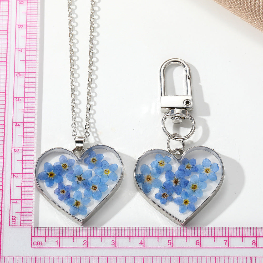 Wholesale 6PCS Blue Love Dry Flower Keychain Necklace