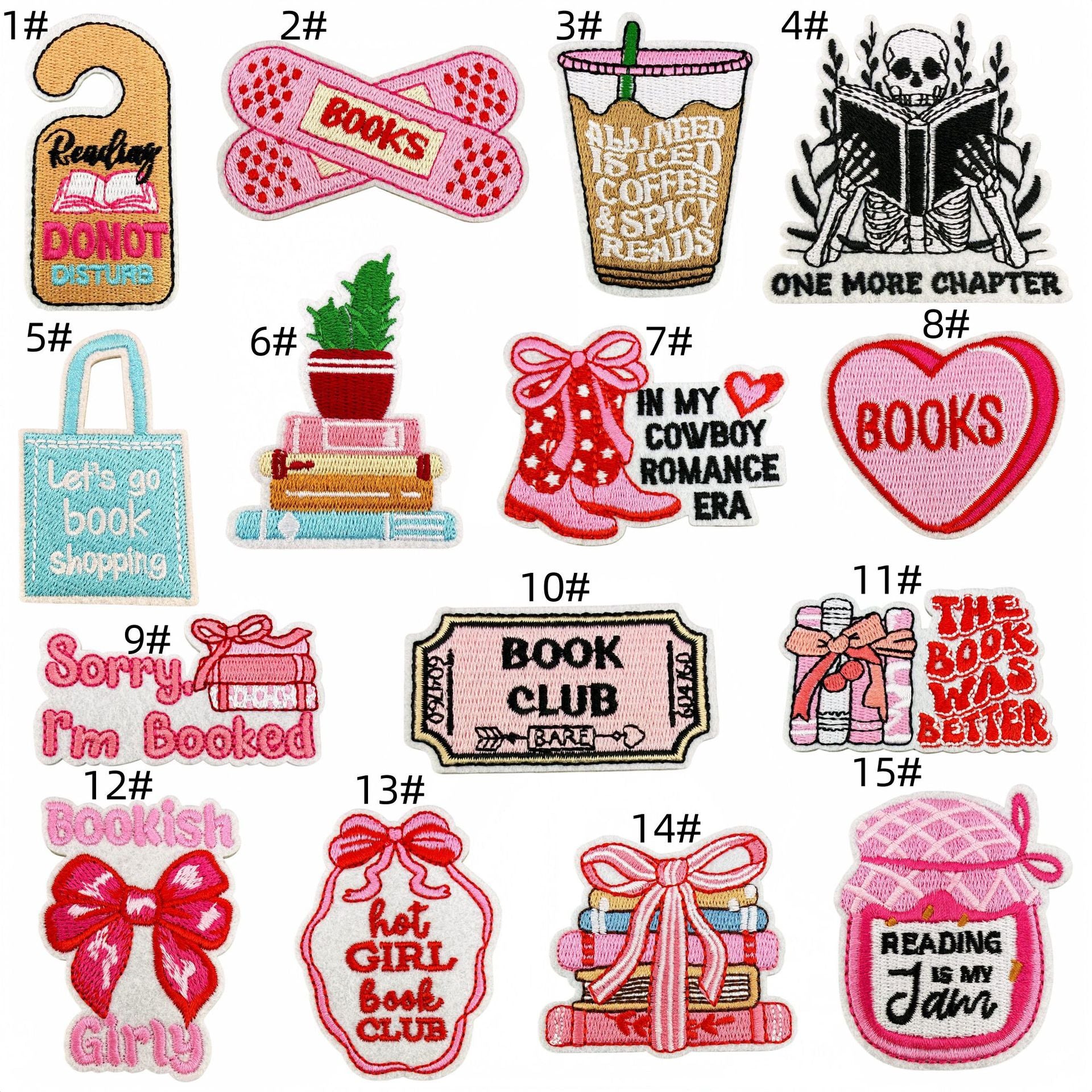 Wholesale Pink Reading Theme Embroidered Patches Book Decorative Stickers 15Pcs For Clothes Bags DIY Gift Boutique Resale