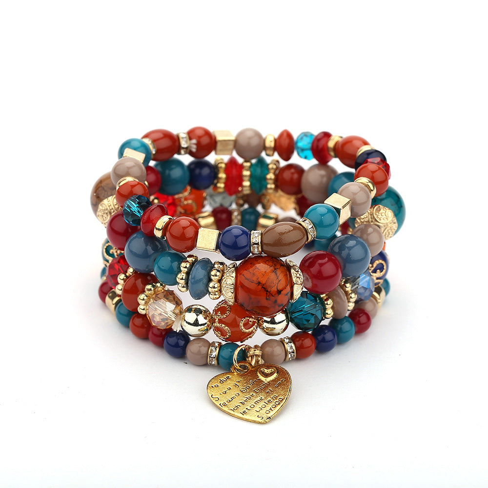 Wholesale Bohemian style crystal peach heart multi-layered bracelet