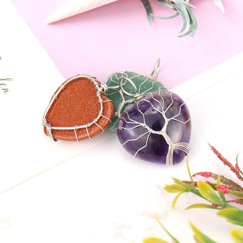 Wholesale Silver Hand-wound Heart Natural Stone Rose Quartz Tree of Life Necklace