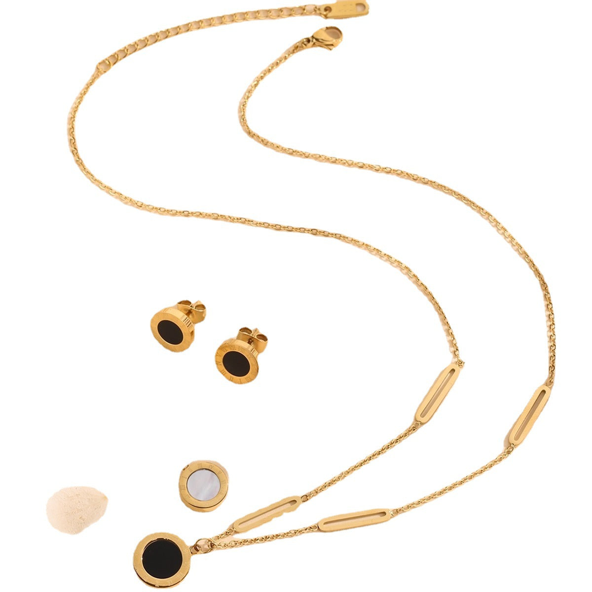 Wholesale Golden Titanium Steel Double  Sided Roman Numeral Circle Necklace Earrings