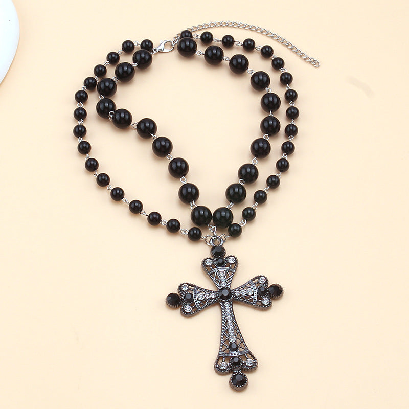 Wholesale Halloween Dark Fashion Cross Imitation Pearl Necklace