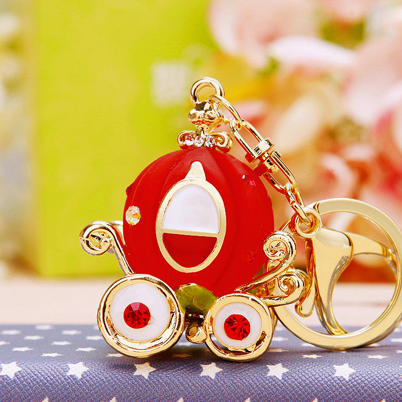 Wholesale Metal Rhinestone Pumpkin Carriage Keychain Bag Charm Pink Car Key Accessory Decorative Gift