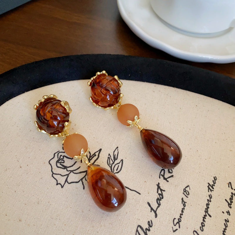 Wholesale Autumn Rich Retro Warm Coffee Color High-end Design Amber Brown Geometric Earrings