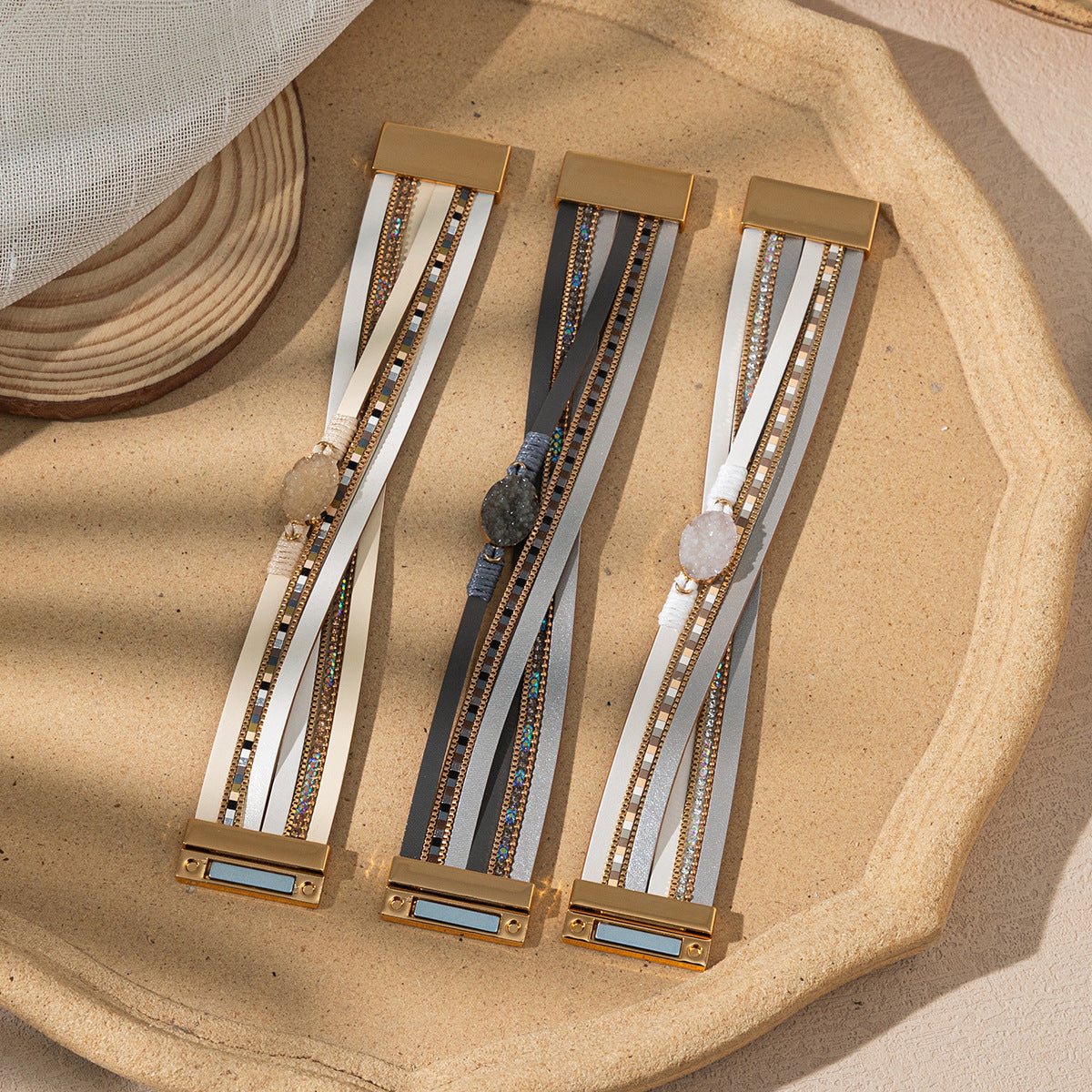 Wholesale Diamond studded magnetic buckle Layered Bracelet Set