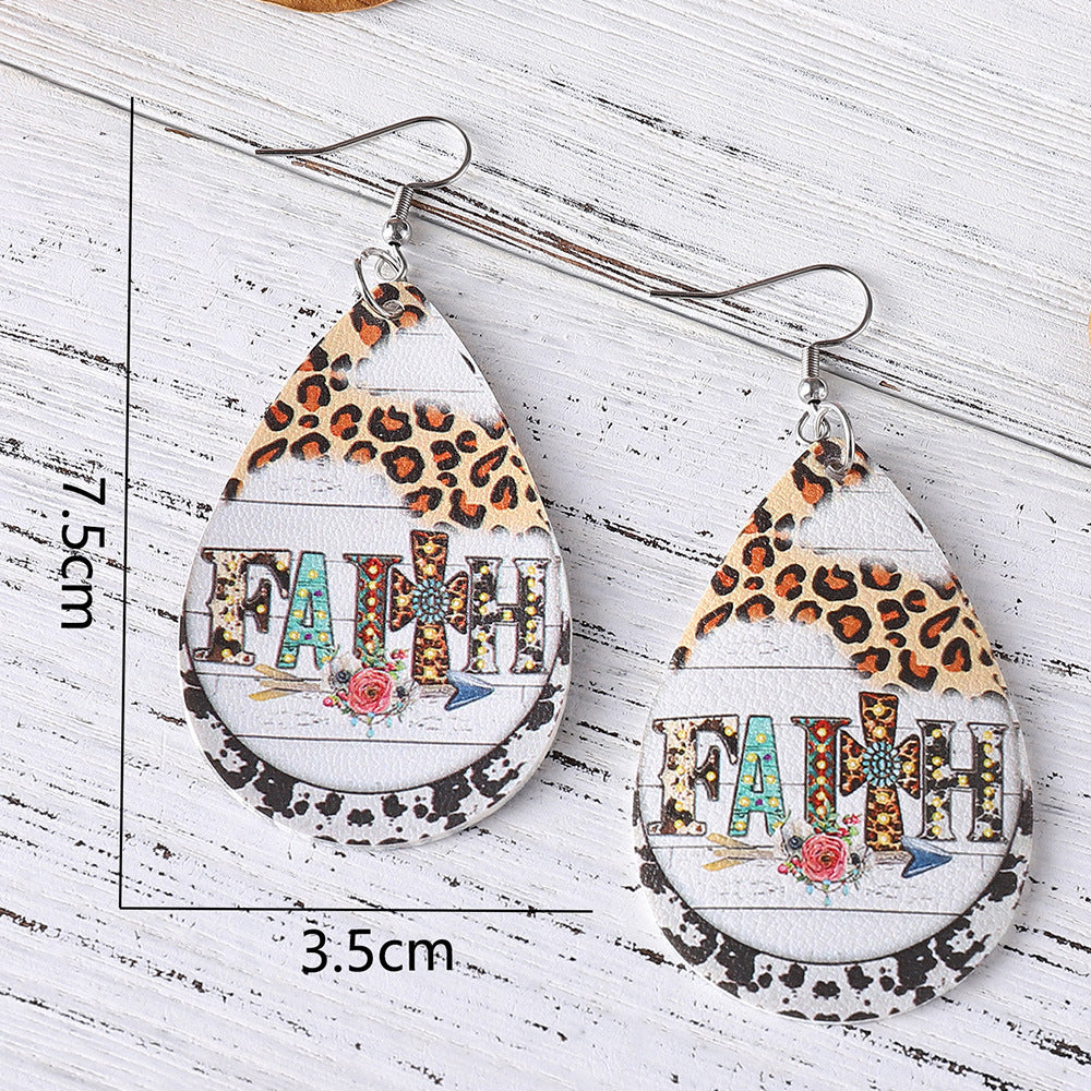 Wholesale Western Denim FAITH Leopard Print Turquoise Cross Double Sided Print PU Leather Drop Earrings