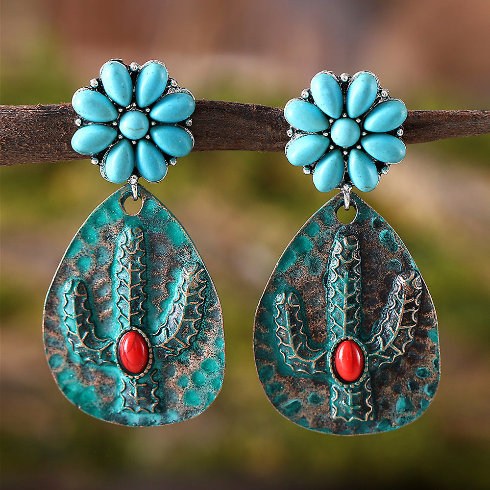 Wholesale Blue cactus inlaid turquoise teardrop earrings