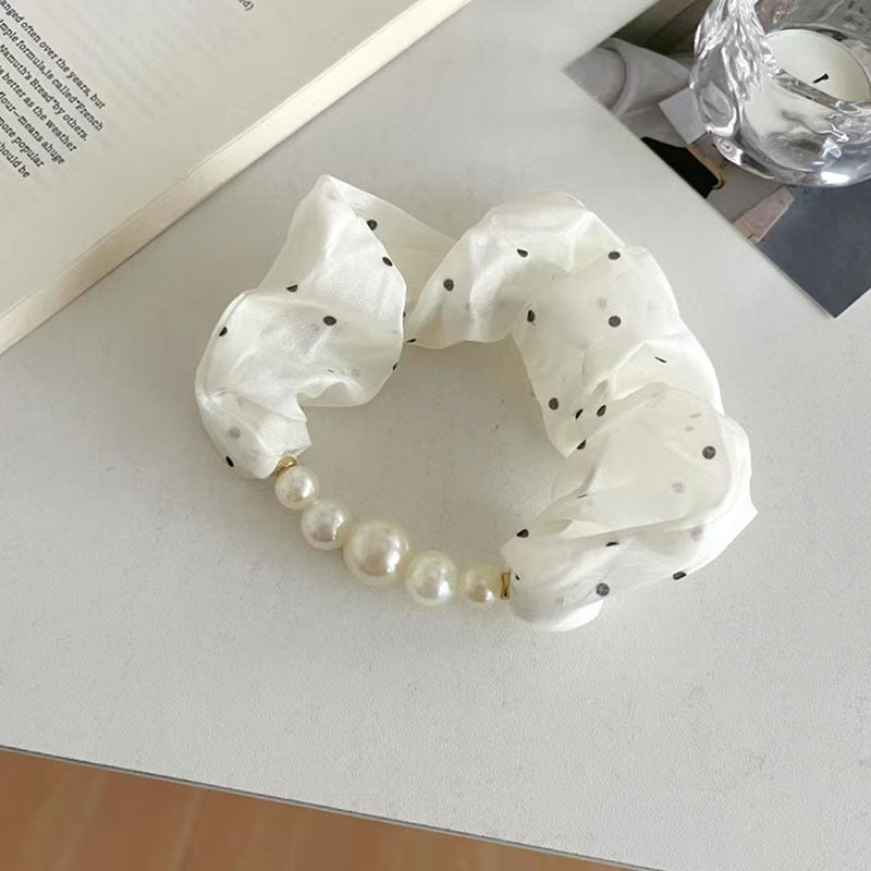 Wholesale  Satin Tulle Polka Dot Pleated  Pearl  Hair Scrunchie