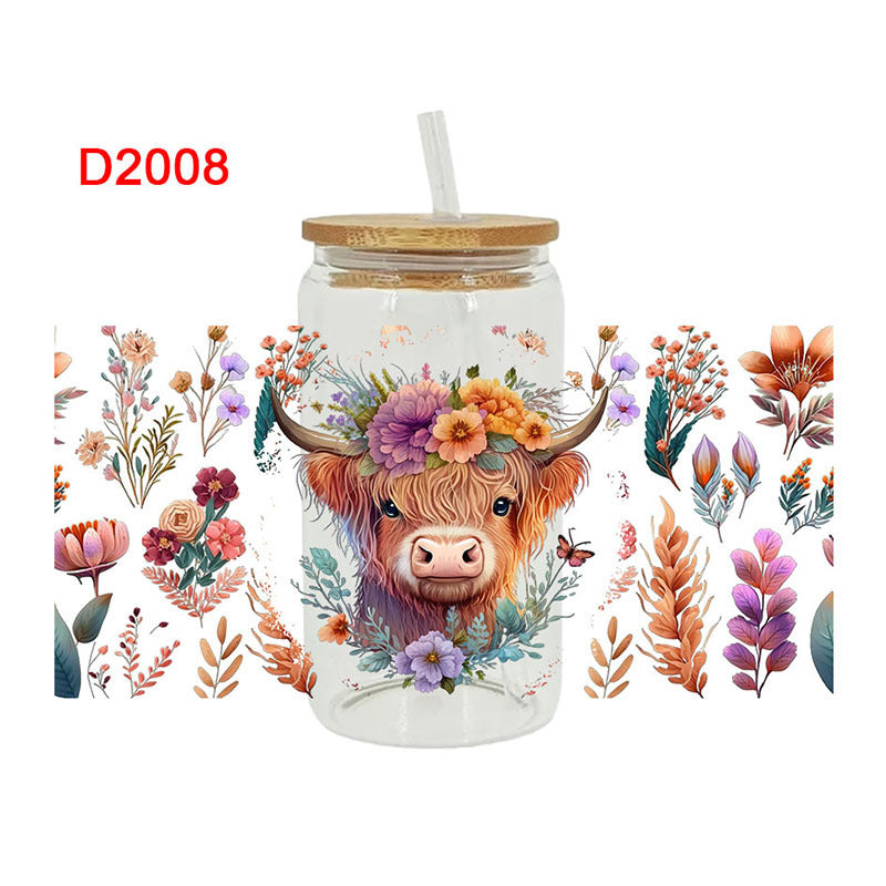 Wholesale Colorful Flower Cow   16oz Cup UV DTF Wraps