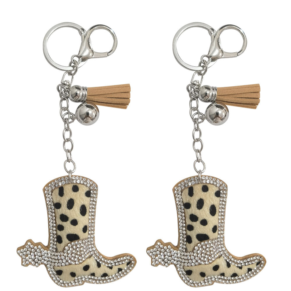 Wholesale 4pcs  Long leopard print horsehair boot Rhinestone Keychain