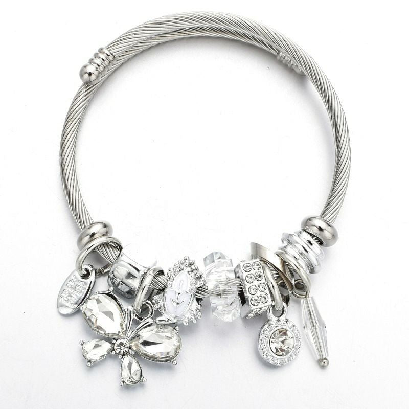 Wholesale Stainless Steel Open Butterfly Crystal Tassel Crystal Beads Beaded Bracelet