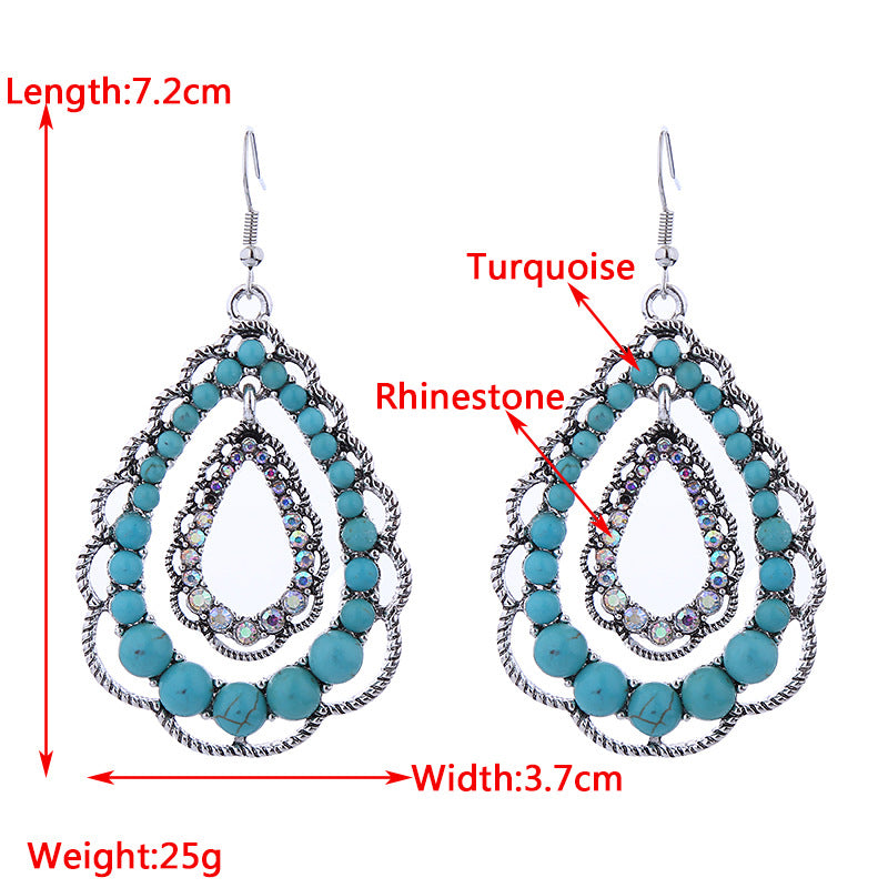 Wholesale Double-layer teardrop hollow inlaid turquoise vintage earrings