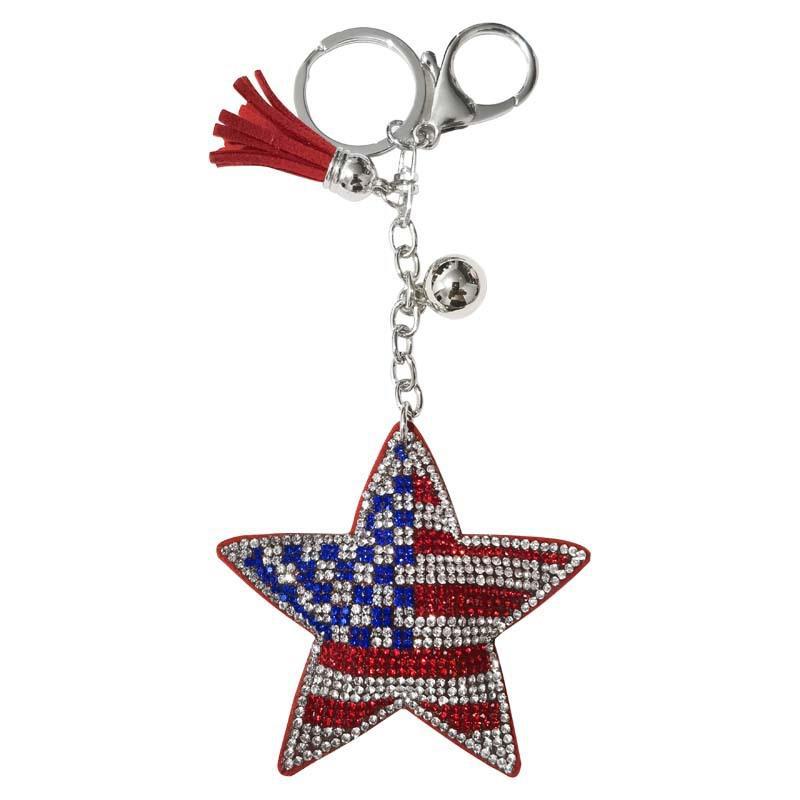 Wholesale Velvet Leather Inlaid with Diamonds, American Flag Five Pointed Star Keychain