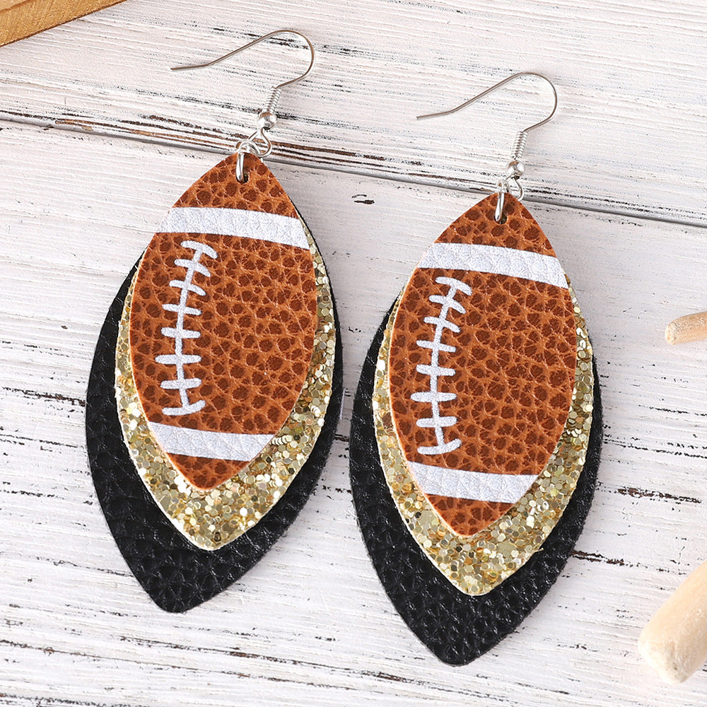 Wholesale Rugby Sequins Three-layer Leather Water Drop Pendant Earrings Sports Ear Jewelry