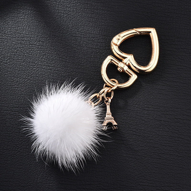 Wholesale mink fur love keychain elegant fur small pendant fur ball alloy love keychain