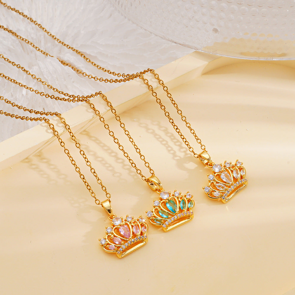 Wholesale Copper Inlaid Zircon Princess Crown Pendant Necklace Clavicle Chain