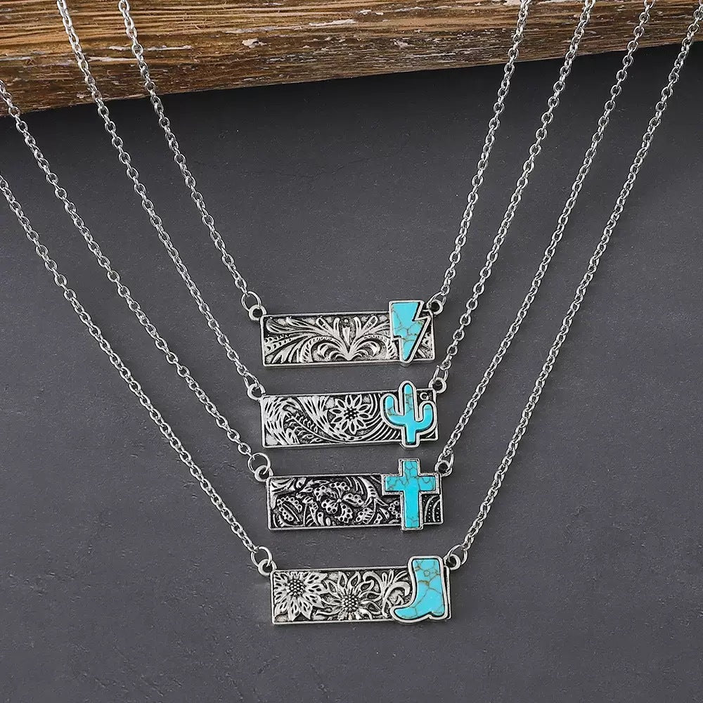 Wholesale Vintage Boho Turquoise Cactus Cross Pendant Necklace Western Cowboy Style Jewelry Accessory