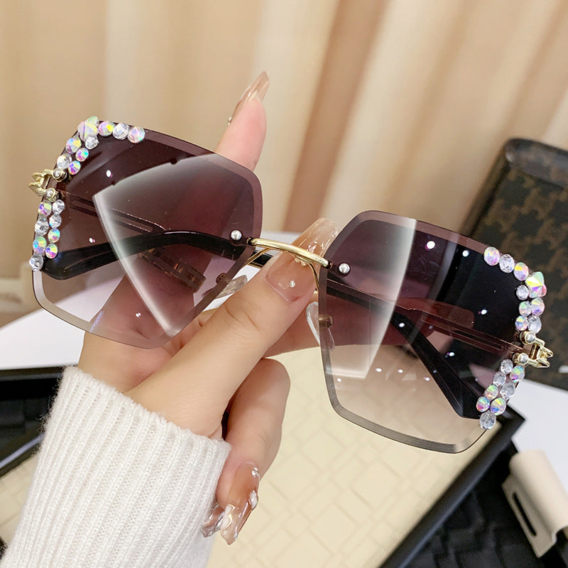 Wholesale Glittery Starry Sky Diamond Large Frame Cut Edge Square Frame Sunglasses