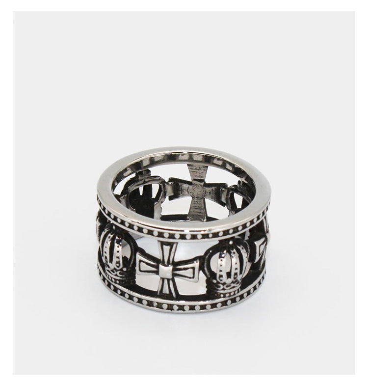 Wholesale Vintage crown cross ring two-tone titanium steel ring simple