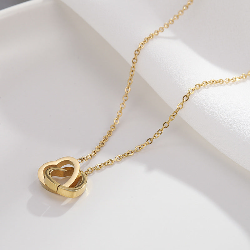Wholesale Titanium Steel Gold Love Double Ring Necklace Clavicle Chain